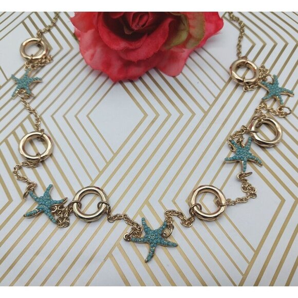 MINT Condition Charming Charlie Beachy Chain Gold Tone Blue Sea Star Stations - Picture 2 of 10